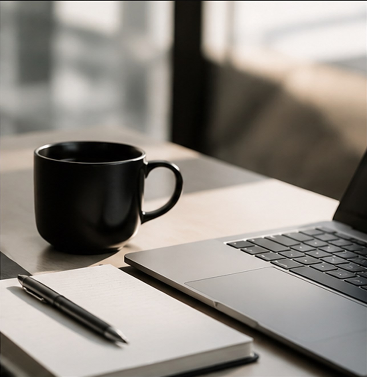 A desk with a laptop, notebook and coffee