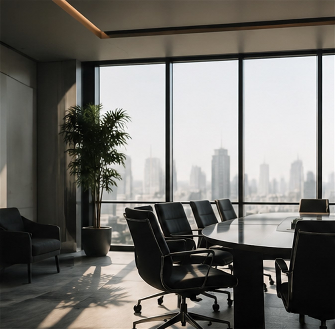 A boardroom overlooking the city skyline